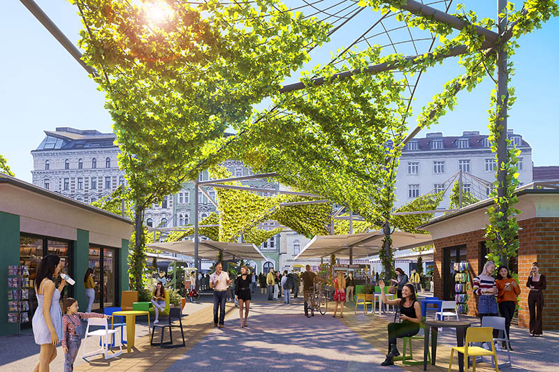 Darstellung der Flying Gardens als beplfanztes Dach über einer Stadtszenerie